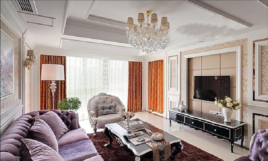 本溪如意家园欧式客厅淡紫色沙发多层客厅吊顶新风客厅软包电视墙效果图